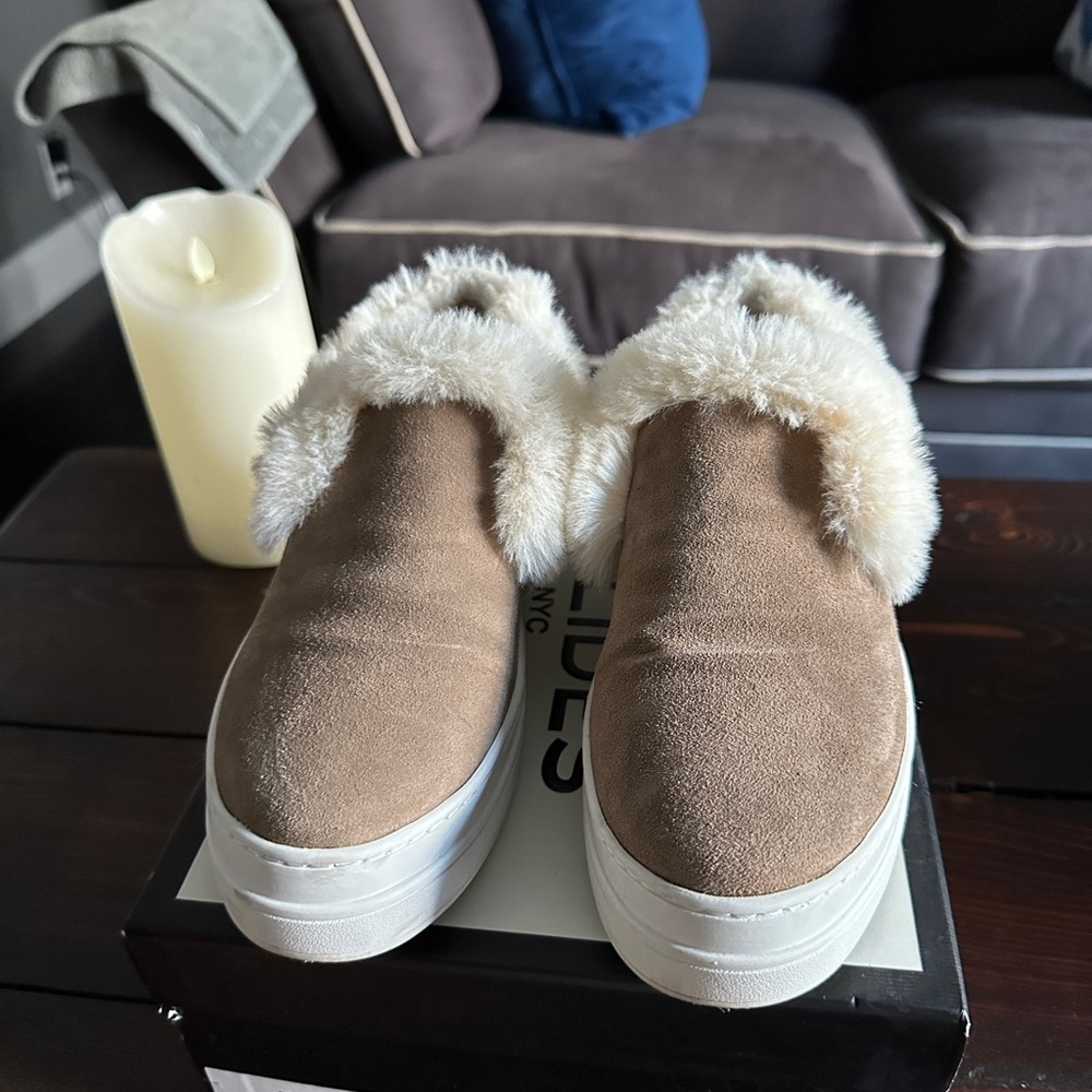 J Slides women fur trim sneakers